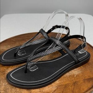 West Loop Sandals Wm 10 Thong Slingback Black Silver Rubber Flats